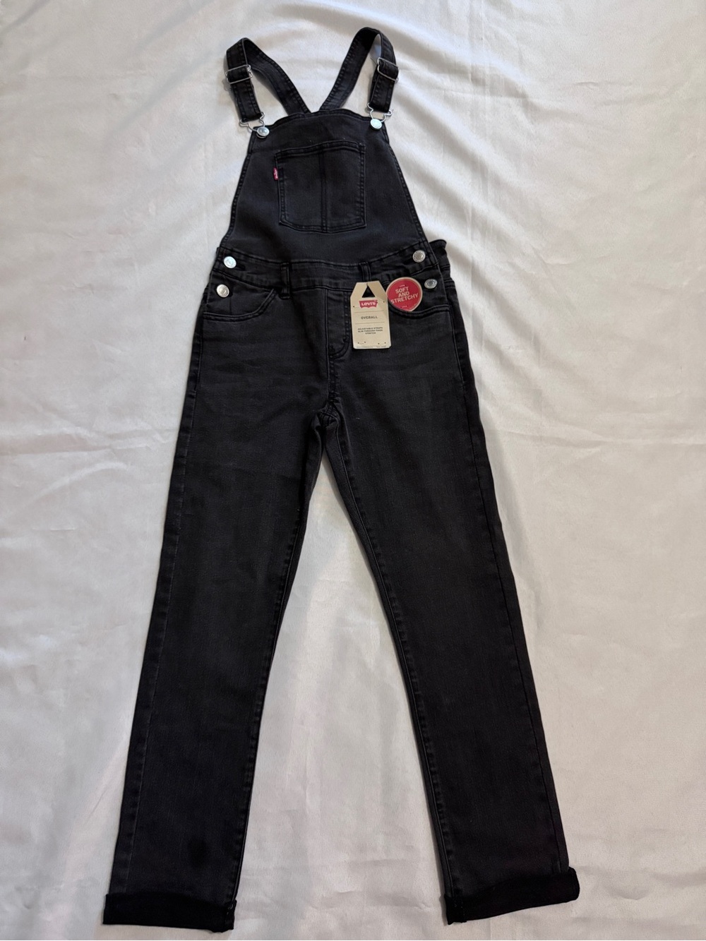 NWT Levi’s Big Girls Girlfriend Dark Gray Overalls Rolled Cuffs Stretchy